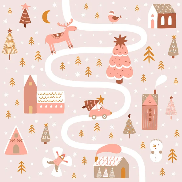 Pink Christmas Outdoor Poster Christmas Map New Year Landscape Road — Stock Photo, Image