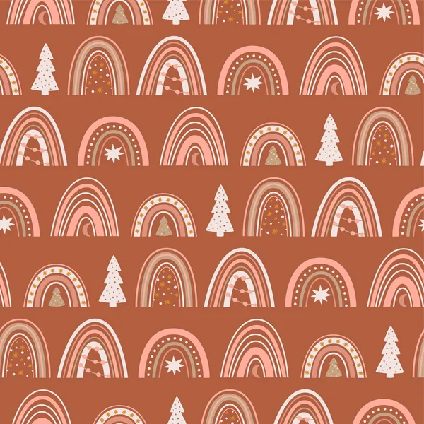 クリスマスの虹のパターン パステルの赤ん坊虹のイラストBoho冬の休日のグラフィックデザイン 新年のお祝い虹の装飾的なシームレスな背景 ベクトルクリスマス Alliphonewallpapers Net — ストックベクタ