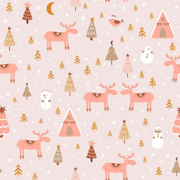 粉色圣诞图案 森林里的圣诞鹿神奇的冬季背景户外冬季风景 冬季村庄的插图 幼稚的背景建筑 — 图库照片