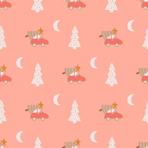 Pink Christmas Seamless Pattern Cars Christmas Trees Cartoon Winter Holiday — Stock Photo, Image