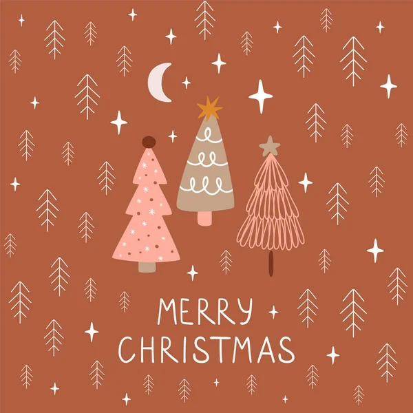 粉刷圣诞快乐丑闻鸟类海报 圣诞树 上面有问候语除夕卡片 冬天的森林场景 孩子气的圣诞节假期矢量说明 粉色北欧式设计 — 图库矢量图片