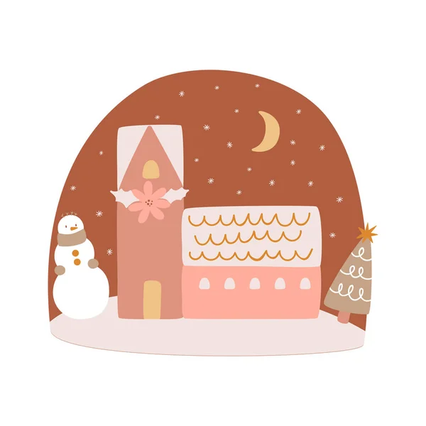 クリスマスの夜の風景シーン 冬の屋外 子供のメリークリスマスのポスター 夜の雪だるまでクリスマスの村 クリスマスツリーの図面のデザイン 夜の年賀状北欧ベクトルイラスト — ストックベクタ