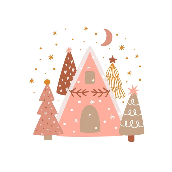 Nieve Cabina Cabaña Navidad Nieve Linda Casa Campo Con Árbol — Vector de stock