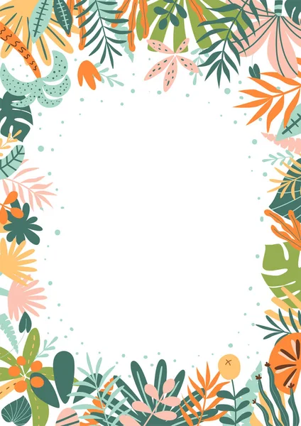 Jungle frame. Tropische bladeren, palmbladeren, kader natuur achtergrond. Heldere regenwoudkaart. Leuke jungle verjaardagsuitnodiging. Safari frame. Vector illustratie. Zomer blad van tropische planten bomen — Stockvector