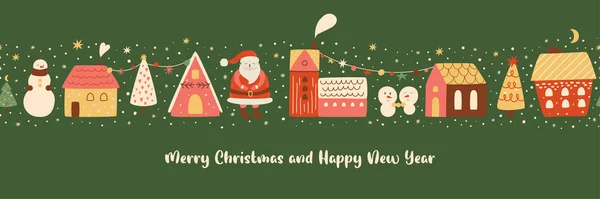 Christmas city seamless border. Magical Christmas village, houses, Santa, snowman illustration. Christmas landscape. Happy New Year border. Winter city, trees, magic street, snow. Childish design.