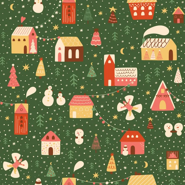 Christmas city in the snow. Magical Christmas village seamless pattern. Happy New Year repeated background. City, houses, Christmas trees, snow, snowman. Winter illustration. Cute childish vector. — Stockvektor