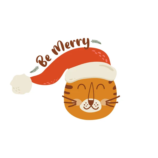 Karácsonyi tigris Boldog képeslapot karácsonyra és újévi gratuláció. Tigris fej Mikulás kalap matrica illusztráció. 2022 a tigris éve. Kínai naptár grafikai elem. Vektor tigris arca. — Stock Vector