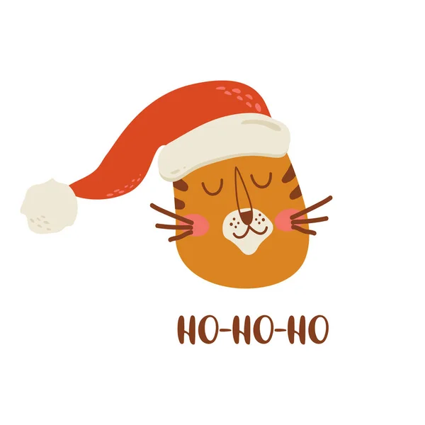 Kerst tijger ho ho ho ansichtkaart voor Kerstmis en Nieuwjaar gefeliciteerd. Tijgerkop in Santa hoed sticker illustratie. 2022 jaar tijger. Chinees kalender grafisch element. Vector tijger gezicht. — Stockvector