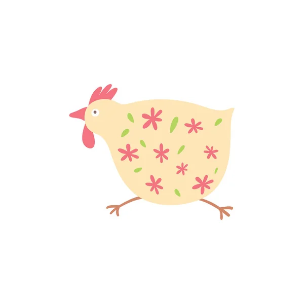 Cute hen isolated on white. Easter. Childish cute cock with floral ornament. Running chicken character vector illustration. Spring rooster. Hand painted hen cartoon graphic element. — 图库矢量图片