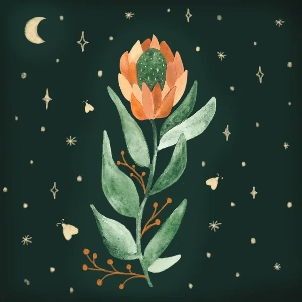Night garden illustration. Decorative flower into stars and moon on dark green background. Magical garden print. Fairytale mystical poster. Watercolor mystery night decorative inspiration card.