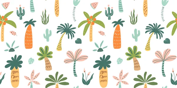 Childish Tropical Pattern Cartoon Palm Trees Jungle Background Rainforest Repeated — Foto Stock