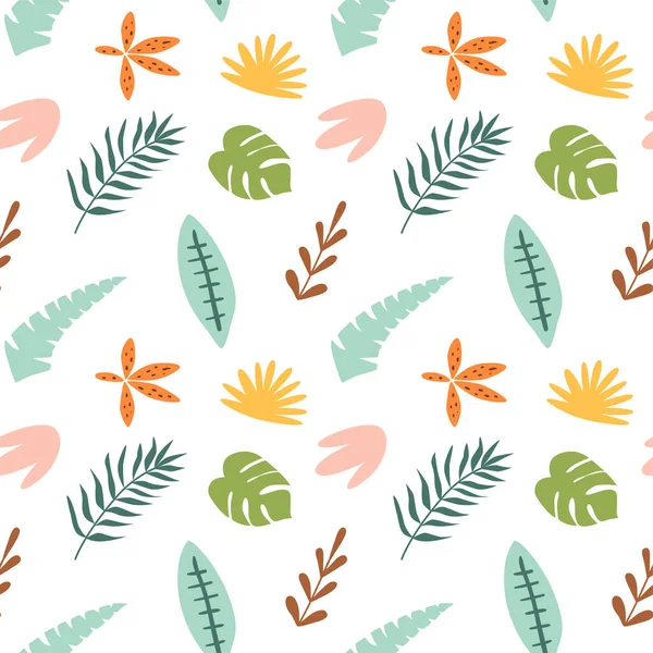 Childish Tropical Leaves Pattern Cartoon Jungle Background Rainforest Seamless Pattern — Vettoriale Stock