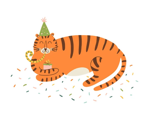 タイガー誕生日動物 ジャングルの誕生日パーティーグラフィック要素 パーティの笛とお祝いの帽子でかわいい野生の猫 白地に描かれた手描きトラ 子供のベクトルイラスト かわいい野生動物 — ストックベクタ