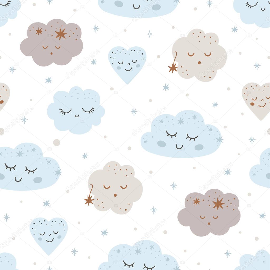 Baby clouds pattern. Nursery dream seamless pattern. Smiling clouds stars Light blue kids sky background. Cute kids design with smiling, sleeping clouds. Baby illustration.