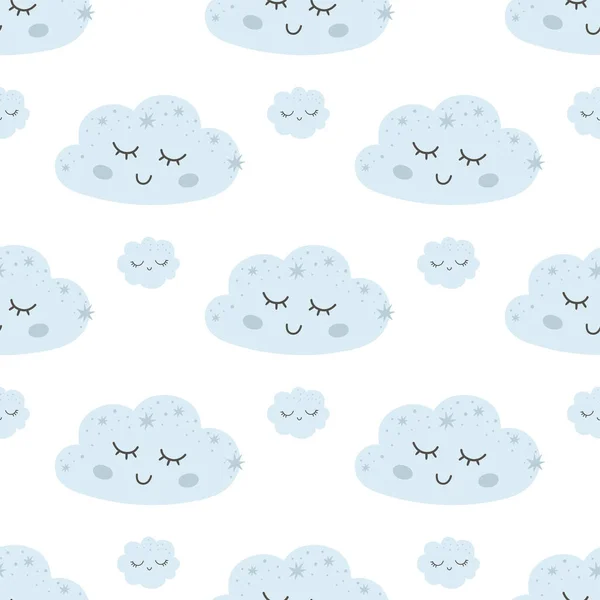 Σύννεφα μωρού μοτίβο. Νηπιαγωγείο όνειρο αδιάλειπτη μοτίβο. Ανοιχτό μπλε παιδικό ουρανό φόντο. Χαριτωμένος διανυσματικός σχεδιασμός με χαμογελαστά, σύννεφα ύπνου. Εικονογράφηση μωρό. — Διανυσματικό Αρχείο