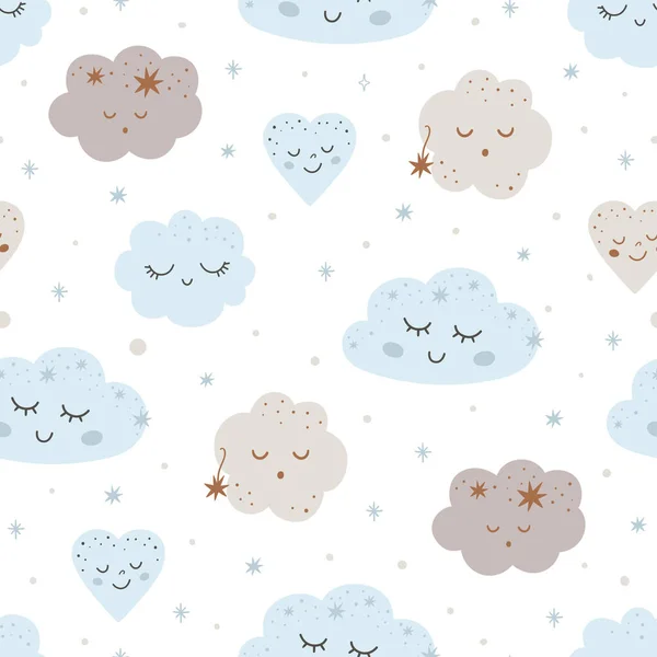 Baby clouds pattern. Nursery dream seamless pattern. Smiling clouds stars Light blue kids sky background. Cute vector design with smiling, sleeping clouds. Baby illustration. — Stock Vector