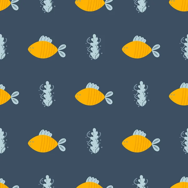 소년들은 패턴을 좋아한다. 회색 바닷말 무늬가 있는 귀여운 노란 물고기. 바다 의삶은 소년들을 위해 반복적으로 인쇄되고, 직물, 옷, 포장지가 만들어 집니다. 그래픽 일러스트. 방직 설계. — 스톡 사진