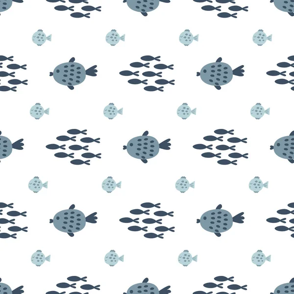 男の子魚のパターン。かわいい灰色の魚の海の生活シームレスなパターン。海魚は男の子、スポーツ繊維、服、包装紙のためのプリントを繰り返します。ベクトルイラスト。かわいい海のテキスタイルデザイン. — ストックベクタ