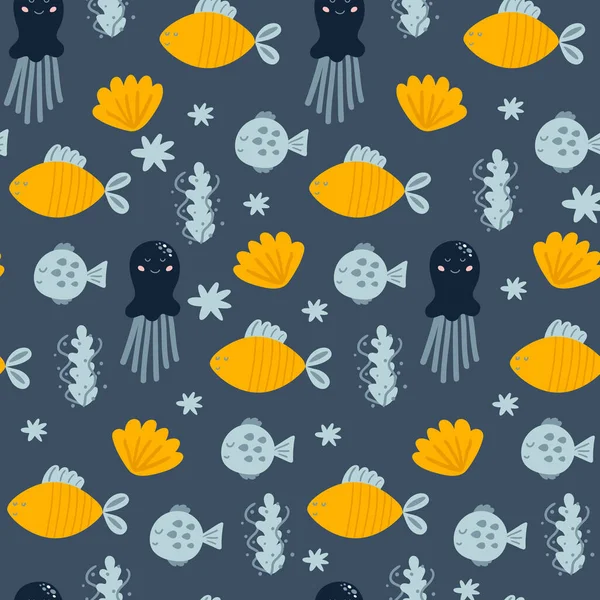 Underwater life pattern. Childish fish seamless. Ocean fabric design. Sea kids vector illustration. Yellow cute fishes, seaweeds, jellyfish on grey background. Cartoon ocean animals. — Stock Vector