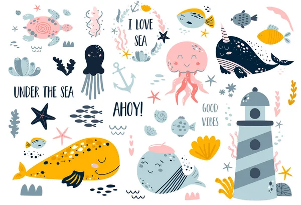 Дитячі морські елементи встановлюються ізольовано на білому. Колекція океану з рибою, китами, маяком, восьминогами, медузами, черепахами, морськими зірками, черепахами, коралами. Милі океанські ілюстрації. Дизайн дитячого моря . — стокове фото