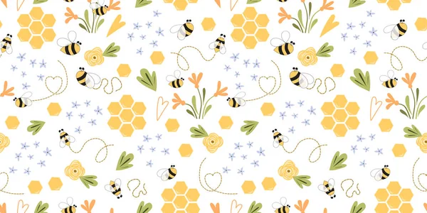 Bienenhonig Muster Biene Nahtloses Muster Niedliche Handgezeichnete Sommerwiesen Blumen Bienenwaben — Stockvektor