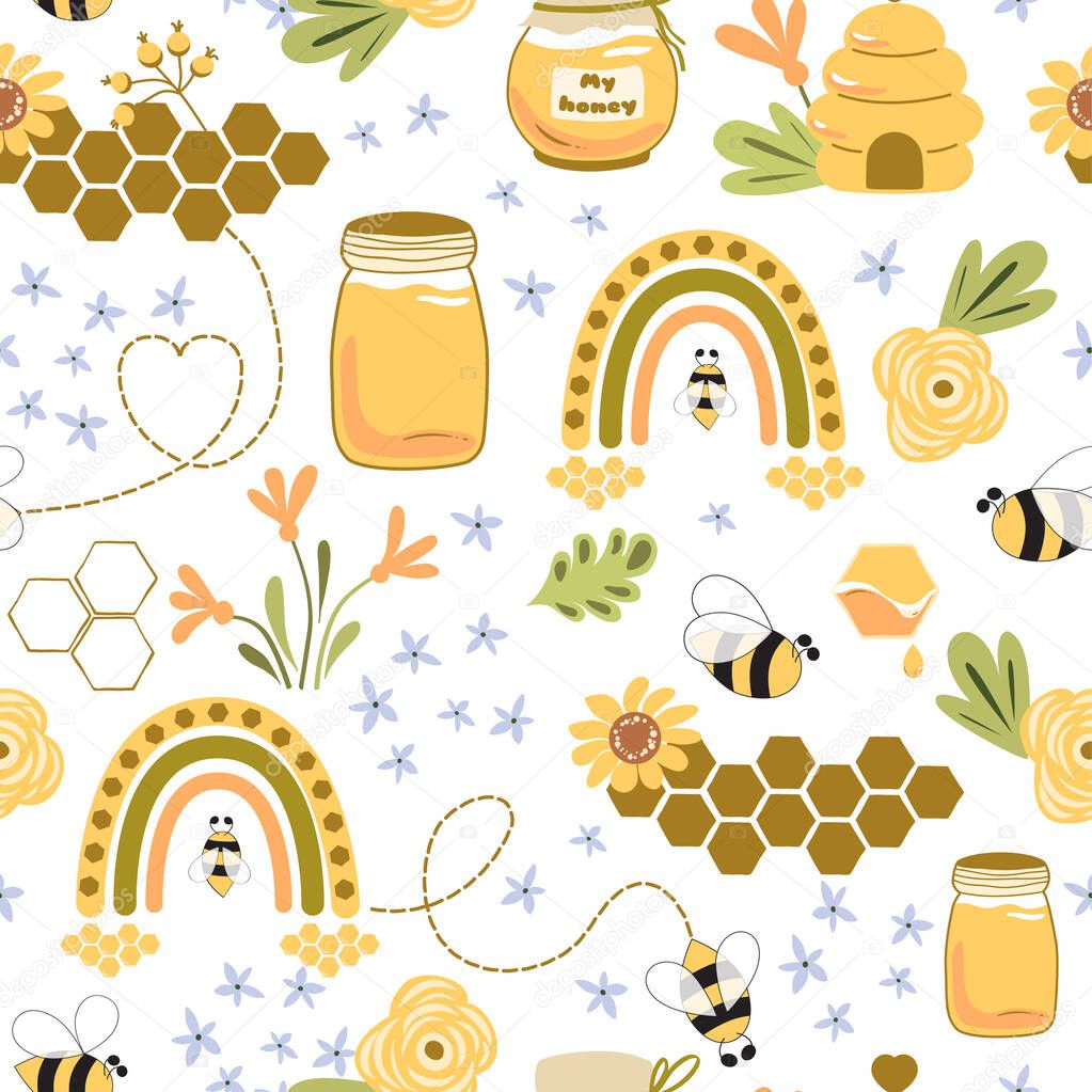 Bee honey pattern. Beehive, honey rainbow, floral seamless pattern. Honeybee print. Organic honey graphic design template. Honey pot vector illustration. Summer yellow sweet background, wallpaper.