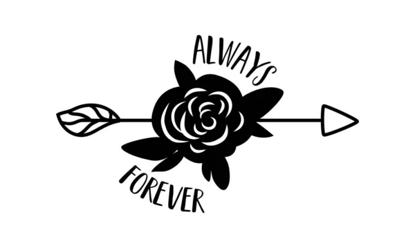 バラのテキストとバレンタインデーの矢印常に永遠に ブラックロマンチックな装飾記号 結婚式のサイン 白に隔離された装飾的なロマンチックな花のグラフィック要素 ローズベクトルイラスト — ストックベクタ