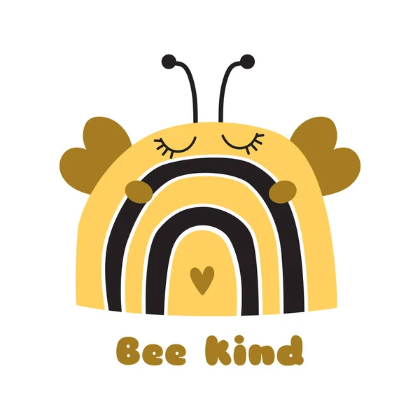 Szivárványméh elem. Méhecske típusú vicces szivárvány. Méhállat baba illusztráció. Aranyos mézes kifejezés. Kézzel rajzolt mézboltív méhsejt alakú. Vektor gyerekek tervezése. Méz ökológiai logó. — Stock Vector