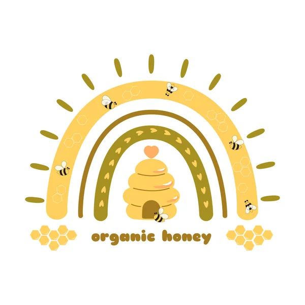Zoete honing regenboog element. Bijenhoning regenboog. Sweet bee grafische illustratie. Leuke honingzin. Handgetekende honingboog honingraat vormen. Vector honing biologisch logo. — Stockvector