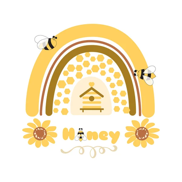 Элемент радуги медовой пчелы. Радуга из пчелиного меда. Графическая иллюстрация сладкой пчелы. Симпатичная фраза. Ручная арка меда. Векторная печать. Медовый органический логотип. — стоковый вектор