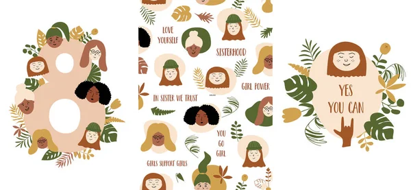 Cartões Dia Internacional Mulher Definidos Modelos Marcha Para Cartão Cartaz —  Vetores de Stock