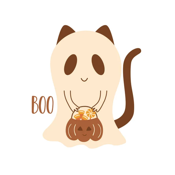 할로윈 프린트 귀여운 할로윈 고양이 고양이 두개골 할로윈 갈색스푸 부벡터 — 스톡 벡터