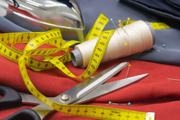 Thread Spools, Pin and Yellow Measuring Tape and Large Dressmaki — Stock Photo, Image