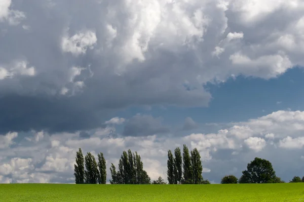 Dramatischer Himmel über grünem Feld. — Stockfoto