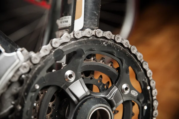 Parts of the drive bike. Gears bicycle crank mechanism — Stock Photo, Image