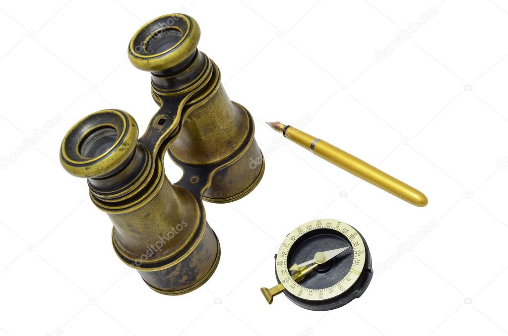 Binoculars, compass and pen