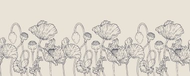 Vector yatay el gelincik çiçeğini kararttı. Kusursuz sınır. Eps 10. Çizgi sanatı botanik çizimi. Çiçek arkaplanı