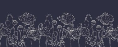 Elle karartılmış haşhaş çiçeğiyle yatay sınırda. Eps 10. Çizgi sanatı botanik çizimi. Çiçek arkaplanı