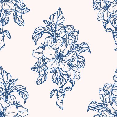 Elma çiçeğiyle kusursuz bir desen. El yapımı kumaşlar. Kağıt, kumaş, duvar kâğıdı, yüzey tasarımı için zarif, pürüzsüz botanik desen