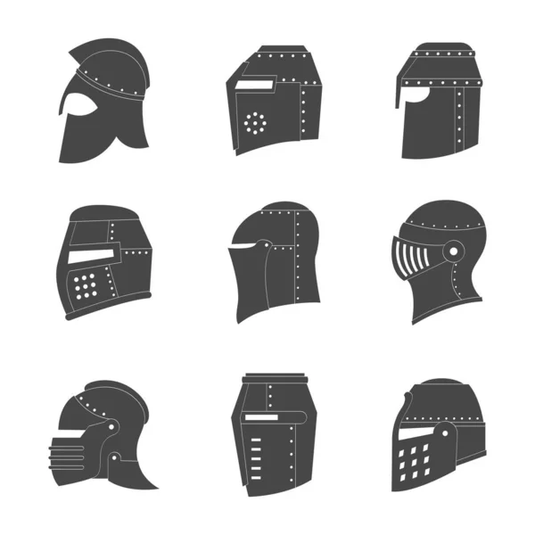 あなたのプロジェクトのための古代の戦士ヘルメットとベクトルモノクロアイコンセット — ストックベクタ