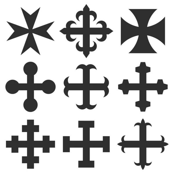 Vektor Monochromes Icon Set Mit Mittelalterlichen Heraldischen Kreuzen Für Ihr — Stockvektor