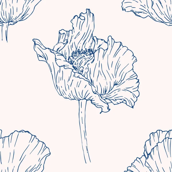 ケシの花とベクトルシームレスパターン 手描きの質感 表面デザインのためのエレガントなシームレス植物パターン — ストックベクタ