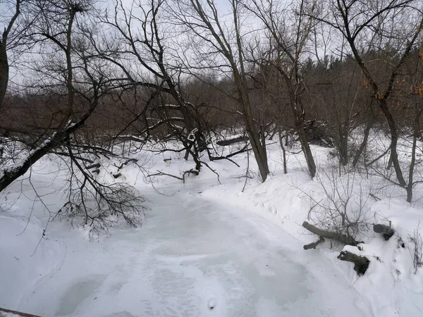 Winterlandschaft Mit Gefrorenem Fluss — Stockfoto