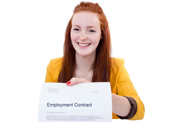 Jovem feliz está feliz com seu contrato de trabalho — Fotografia de Stock