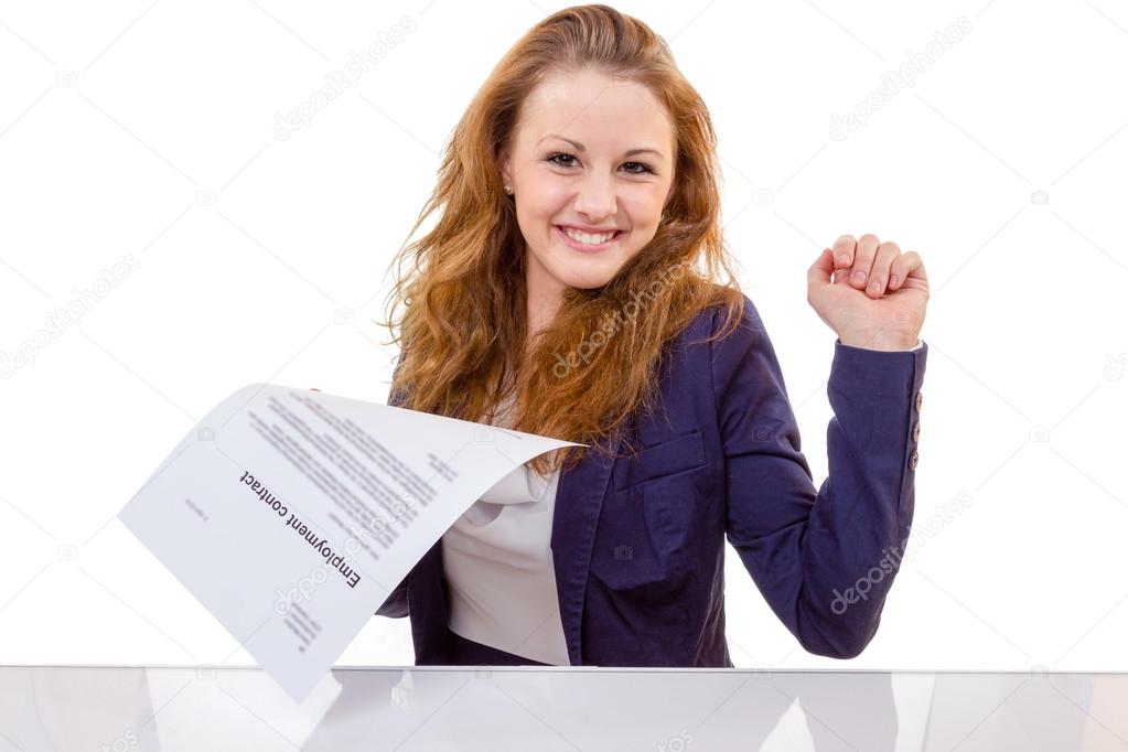 Happy young woman is happy about her employment contract