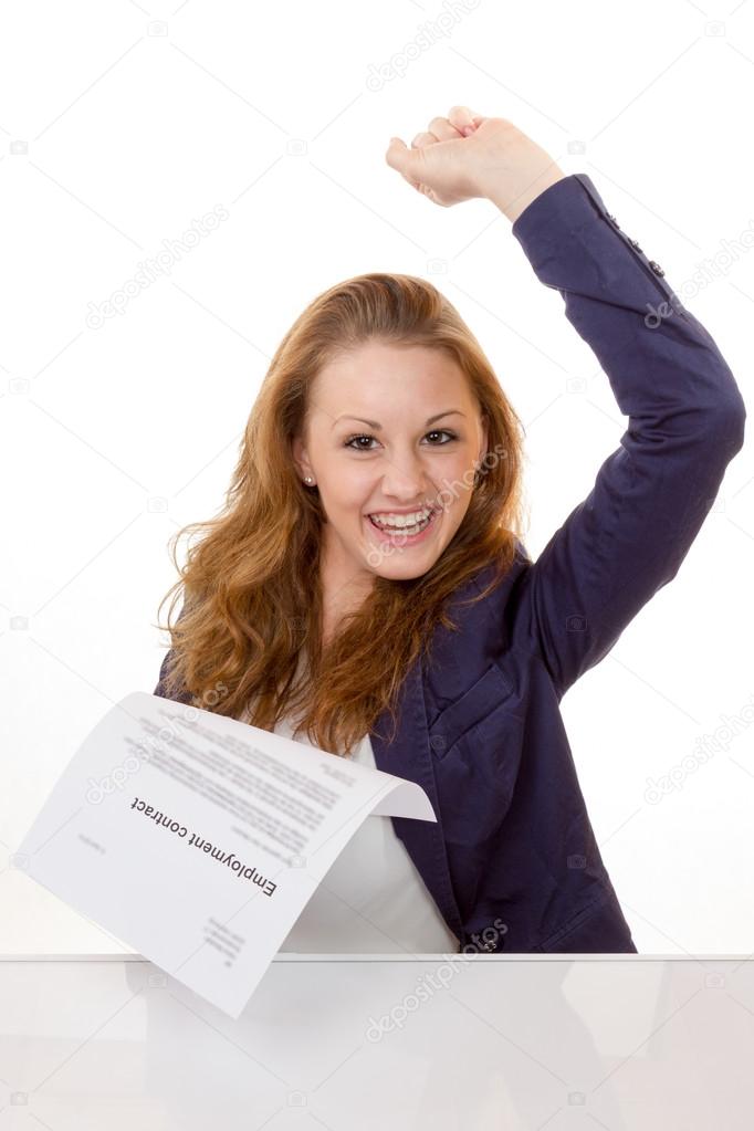 Happy young woman is happy about her employment contract