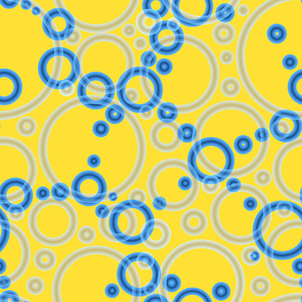 Geometric abstract seamless pattern of random arranged azure rings with dots texture on yellow background.Round shapes halftone point wallpaper.For stationery covers,trendy textile,fashionable fabrics