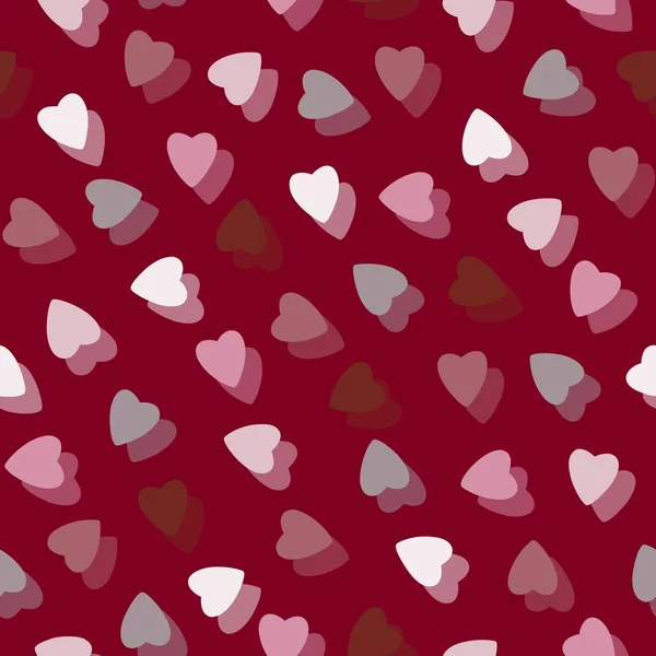 シンプルなカラフルなハートのシームレスなパターン重複層効果の小さなハートシルエットで作られた混沌とした赤の背景 バレンタイン 母の日 イースター 結婚式 ギフト包装紙 織物のために — ストック写真