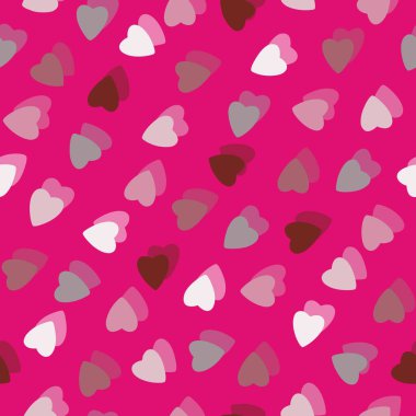 Basit rengarenk kalpler pembe arka planda düzensiz kaotik küçük kalp siluetleri üst üste binen katman etkisi. Sevgililer günü için, anneler günü, Paskalya, düğün, hediye paketleme kağıdı, tekstil.