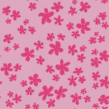 Pembe arka planda el yapımı minyatür fuşya çiçekleri olan modaya uygun kumaş deseni. Motifler rastgele dağıtılmış. Motifler moda baskıları, moda tekstili, kumaş, hediye paketi için zarif şablon.